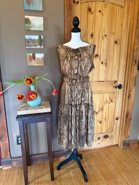 Anne Klein Tiered Chiffon Snake-Print Midi Dress in Brown